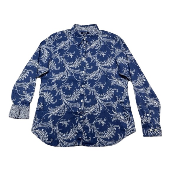 Chaps Blue White Paisley Floral No Iron Button Down Shirt Women’s Size S - Picture 2 of 12